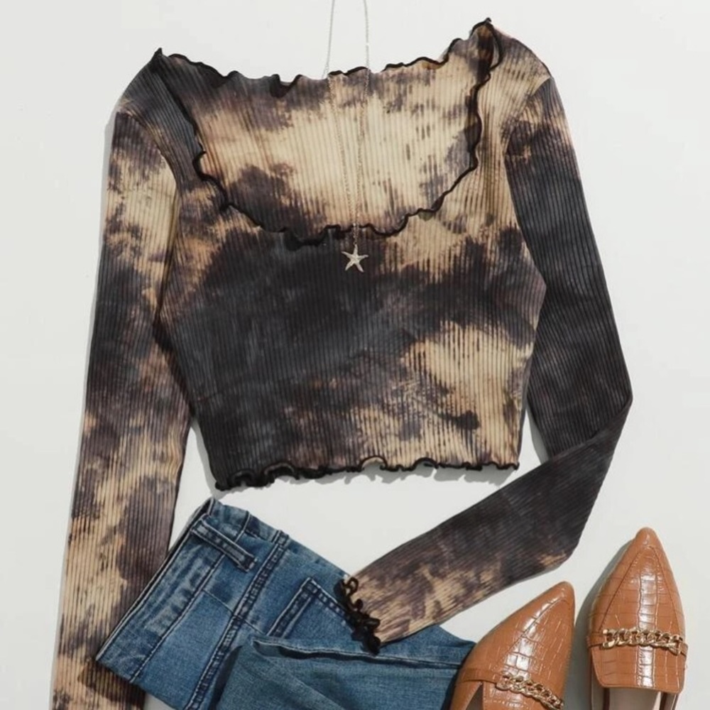 Tie Dye Rib-knit Crop Top with Lettuce Trim